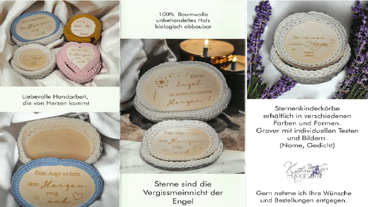 „Handgefertigte Sternenkinderkörbe aus Garn mit Gravur und Herzform.“