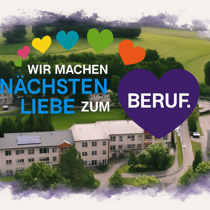 Ein Werbemotiv mit farbigen Herzen, Textbotschaft und einer Hintergrundszene mit Gebäuden und Landschaft