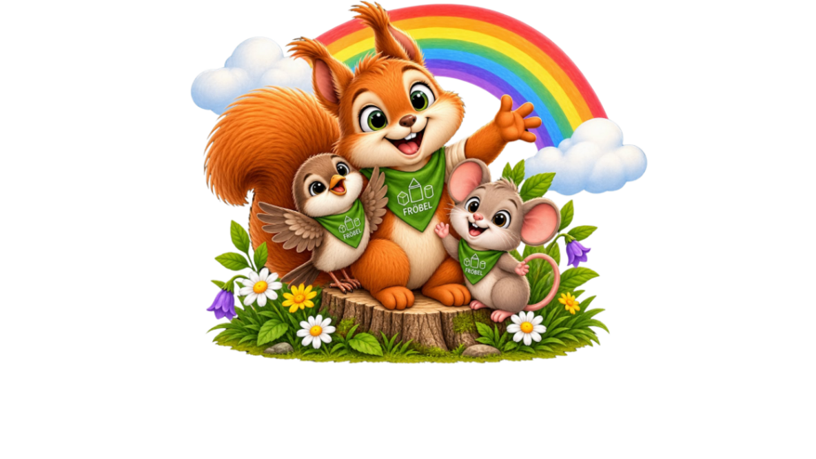 Illustration eines Eichhörnchens, eines Spatzes und einer Maus vor einem Regenbogen mit Wolken. Die drei Tiere tragen grüne Halstücher. Sie sitzen zwischen Blumen und grünen Pflanzen auf einem Baumstumpf.