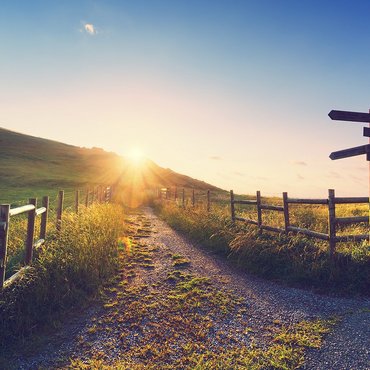Auf dem Bild sieht man einen Weg auf dem Land. Links und rechts vom Weg stehen Holzzäune. Der Weg führt über eine Wiese in Richtung Sonne. Im Hintergrund geht gerade die Sonne auf oder unter. Der Himmel ist blau mit ein paar Wolken. Rechts im Bild steht ein Wegweiser mit mehreren Schildern. Das Bild wirkt ruhig und friedlich – wie ein Neubeginn oder ein Weg in die Zukunft.