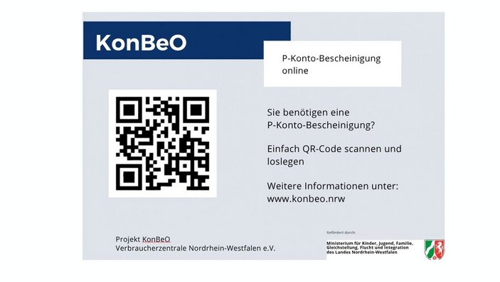 Informationsgrafik des Projekts „KonBeO“ zur Online-Beantragung einer P-Konto-Bescheinigung. Die Grafik enthält einen QR-Code, Hinweise zur digitalen Antragstellung sowie Informationen der Verbraucherzentrale Nordrhein-Westfalen e. V. und des Fördergebers Nordrhein-Westfalen.
