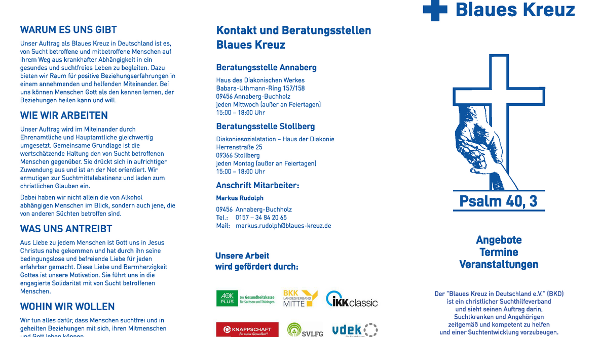 Blaues Kreuz Flyer mit Suchtberatung, christlicher Hilfe und Kontaktdaten