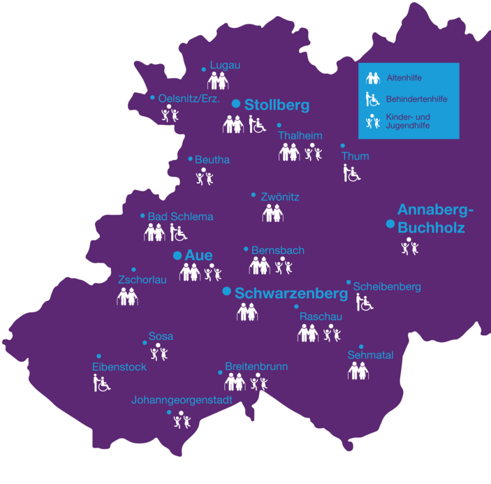 Karte des Erzgebirges mit Standorten der Diakonie in Bereichen Altenhilfe, Behindertenhilfe sowie Kinder- und Jugendhilfe