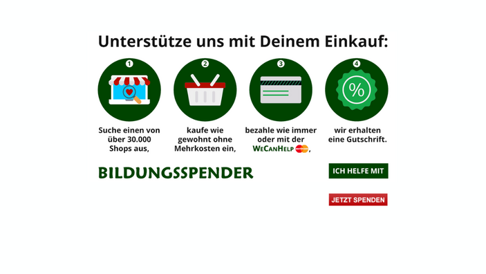 Grafik zum Bildungsspender: In vier Schritten wird erklärt, wie Online-Einkäufe die Kita unterstützen können. Shop auswählen, ohne Mehrkosten einkaufen, wie gewohnt bezahlen – anschließend erhält die Einrichtung eine Gutschrift.