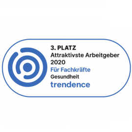 Ein farbiges Auszeichnungssiegel mit Textangaben zu einer Arbeitgeberbewertung von trendence
