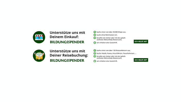 Grafik zum Bildungsspender mit zwei Möglichkeiten zur Unterstützung: durch Online-Einkäufe oder Reisebuchungen. In jeweils vier Schritten wird erklärt, dass Nutzer einen teilnehmenden Anbieter auswählen, wie gewohnt bezahlen und die Einrichtung anschließend eine Gutschrift erhält.