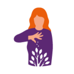 Eine Grafik der Diakonie. Eine Person mit langen Haaren sät Samen, ein Baum wächst.