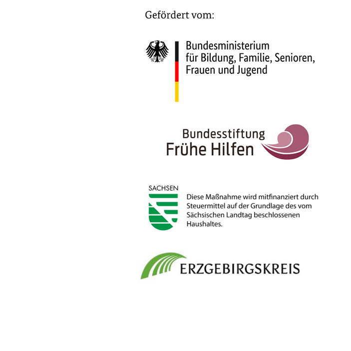 Auf weißem Hintergrund sind mehrere Förderlogos abgebildet: das Bundesministerium für Bildung, Familie, Senioren, Frauen und Jugend, die Bundesstiftung Frühe Hilfen, der Freistaat Sachsen sowie der Erzgebirgskreis mit begleitendem Förderhinweis.
