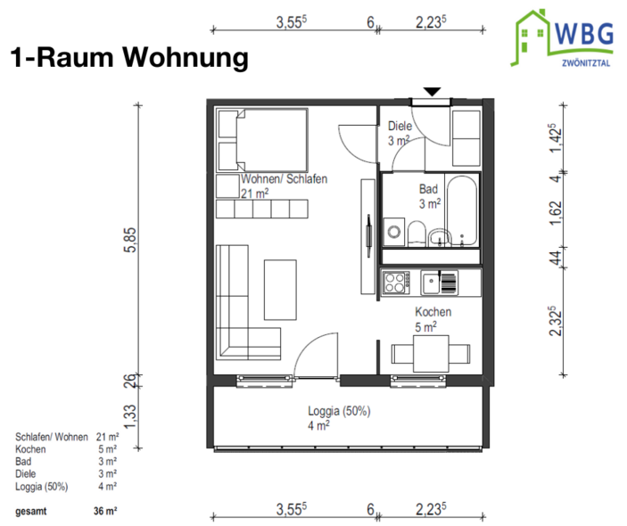 „Grundriss einer 1-Raum-Wohnung mit Küche, Bad und Loggia.