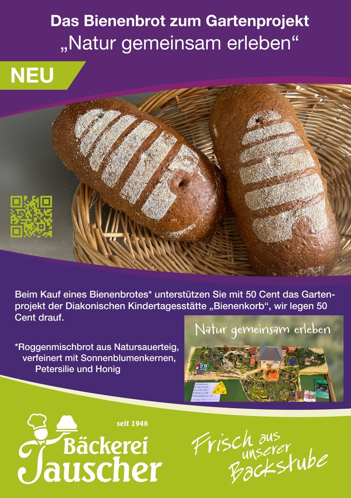 Werbeplakat für Bienenbrot der Bäckerei Tauscher mit Broten