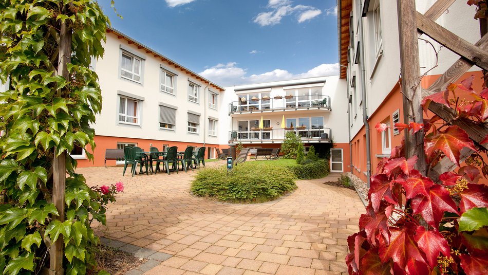 Außenansicht des Jakobi-Hauses von der Hofseite aus an einem sonnigen Tag. Im Vordergrund befindet sich grünes und rotes Weinlaub am Stock.