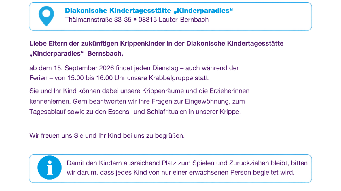 Flyer zur Krabbelgruppe der Diakonischen Kindertagesstätte „Kinderparadies“ in Lauter-Bernsbach. Die Gruppe richtet sich an Eltern mit zukünftigen Krippenkindern und findet ab 15. September 2026 jeden Dienstag von 15 bis 16 Uhr statt. Abgebildet sind außerdem das Gebäude der Kita und zwei gezeichnete Bärenfiguren.