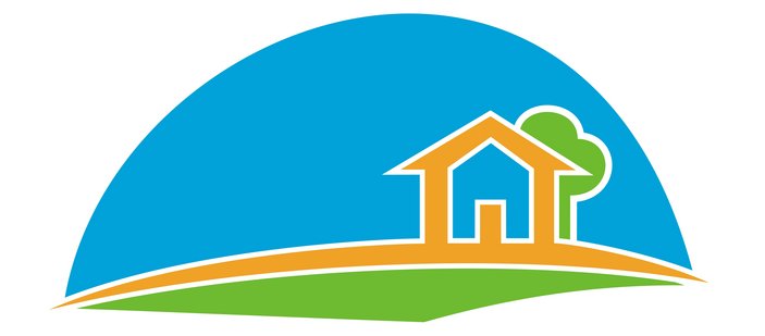 Grafik mit Haus, Baum und Hügel unter blauem Himmel.