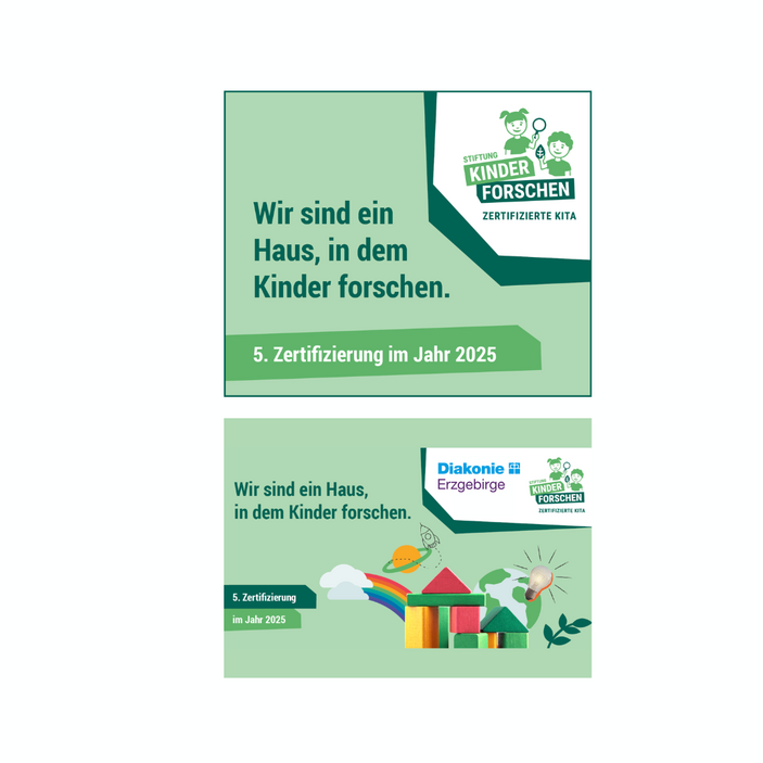 Grafik zur fünften Zertifizierung der Diakonischen Kindertagesstätte „Regenbogen“ Johanngeorgenstadt als „Haus, in dem Kinder forschen“. Die Illustration zeigt bunte Bausteine, einen Regenbogen sowie Symbole für Entdecken, Forschen und Nachhaltigkeit und verweist auf die erfolgreiche Zertifizierung im Jahr 2025.