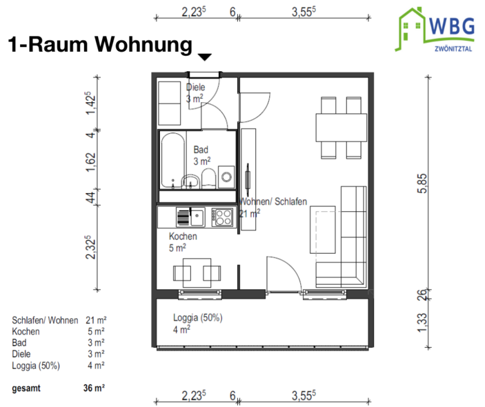 Grundriss einer 1-Raum-Wohnung mit Küche, Bad und Loggia