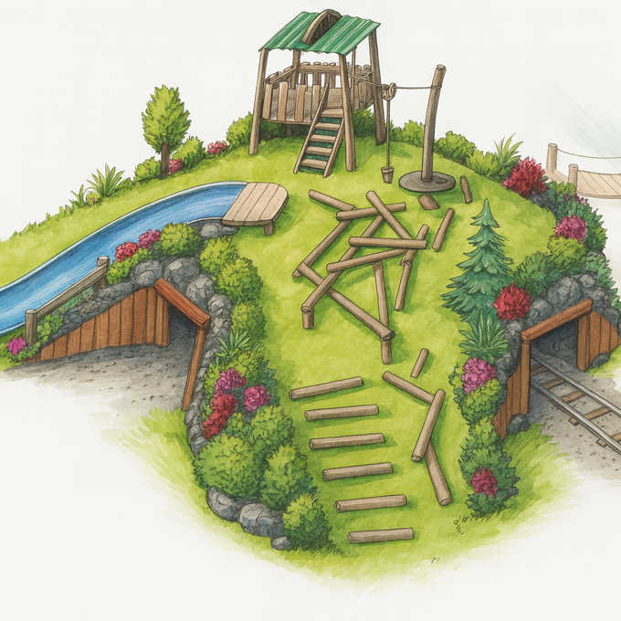 Illustration eines naturnahen Außengeländes mit Spielhaus, Rutsche, Holz-Kletterelementen, Brücke sowie einem angedeuteten Stollenbereich mit Schienen und Lore.