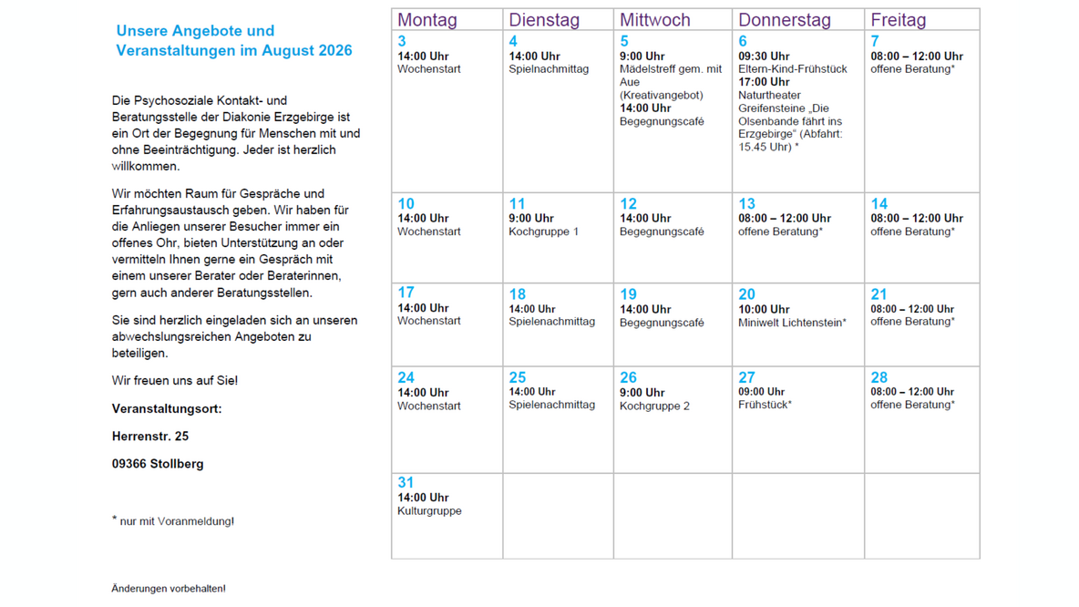 Der Flyer zeigt die Rückseite des Monatsprogramms August 2026 der Psychosozialen Kontakt- und Beratungsstelle Stollberg. Neben einer kurzen Vorstellung der Einrichtung enthält er einen übersichtlichen Veranstaltungskalender mit Gruppenangeboten, Beratungszeiten, Ausflügen und Begegnungsangeboten. Alle Termine sind nach Wochentagen geordnet und mit Uhrzeiten sowie Hinweisen zur Anmeldung versehen.
