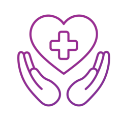 Leuchtendes Symbol mit Herz, Kreuz und zwei schützenden Händen