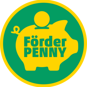 Das Logo der Aktion Förderpenny, ein gelbes Sparschwein mit grünem Hintergrund und gelbem Rand