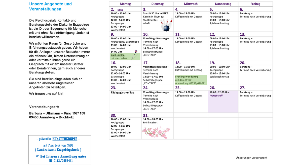 Informationsplakat „Unsere Angebote und Veranstaltungen im März 2026“ der Psychosozialen Kontakt- und Beratungsstelle Annaberg-Buchholz. Links ein kurzer Beschreibungstext und die Adresse in Annaberg-Buchholz. Rechts ein Monatskalender mit Terminen wie Koch- und Backgruppe, Kegeln, Dartspielen, Frühlingswanderung, Frauentreff, Frühlingsfest, Kaffeerunde mit Gesang sowie Beratungen nach Vereinbarung.