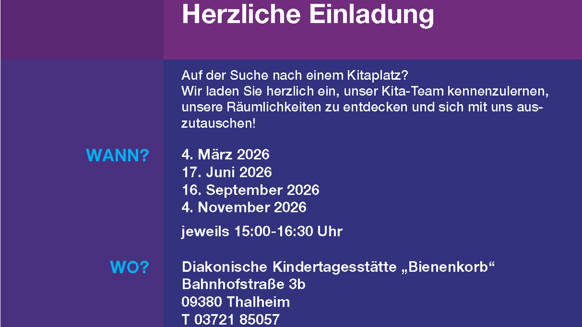 Einladungsplakat mit der Überschrift „Herzliche Einladung“ zur Kita-Besichtigung. Termine im Jahr 2026 mit Uhrzeiten sowie Ort und Kontaktdaten der Diakonischen Kindertagesstätte „Bienenkorb“ in Thalheim.