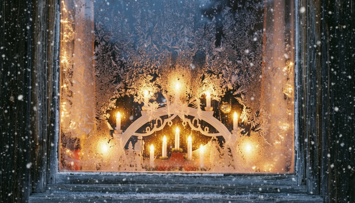 Leuchtender erzgebirgischer Schwibbogen hinter einer vereisten Fensterscheibe.