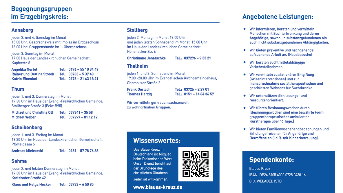 Blaues Kreuz Flyer mit Begegnungsgruppen, Leistungen, Kontakten und Spendenkonto