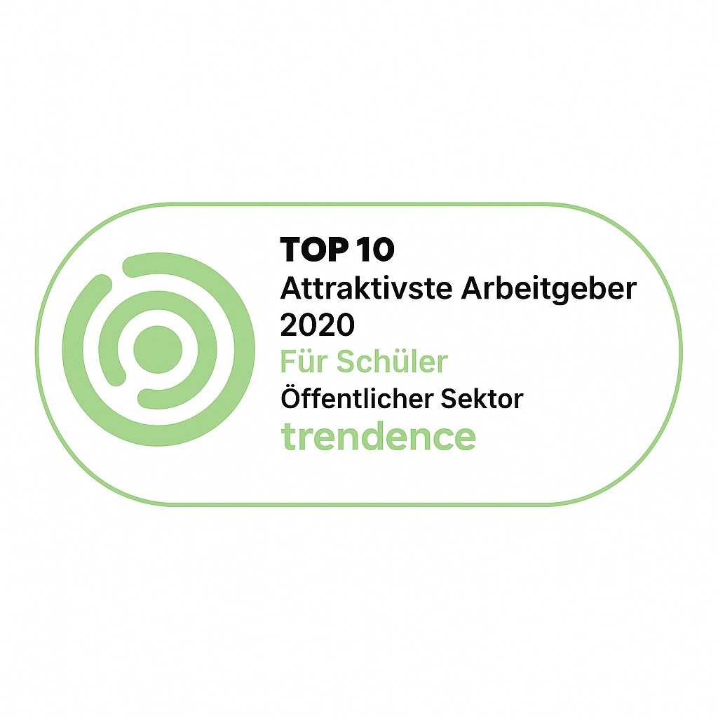 Ein farbiges Auszeichnungssiegel mit Textangaben zu einer Arbeitgeberbewertung von trendence