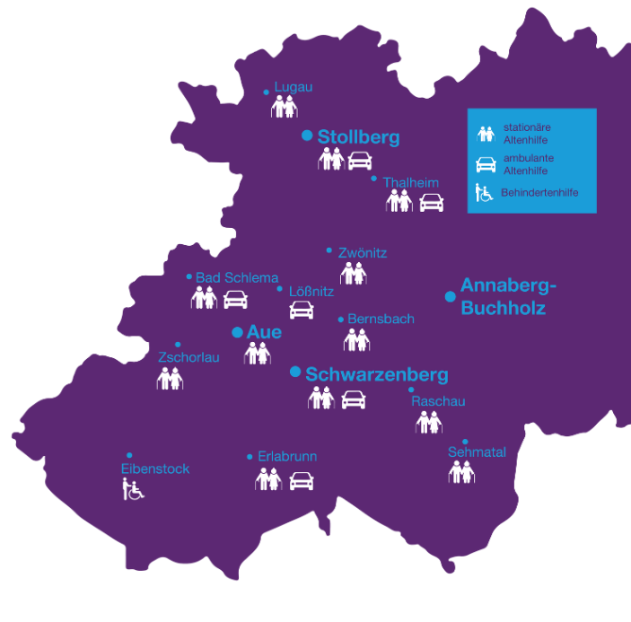Regionale Standortkarte mit markierten Orten und Informationsfeld.