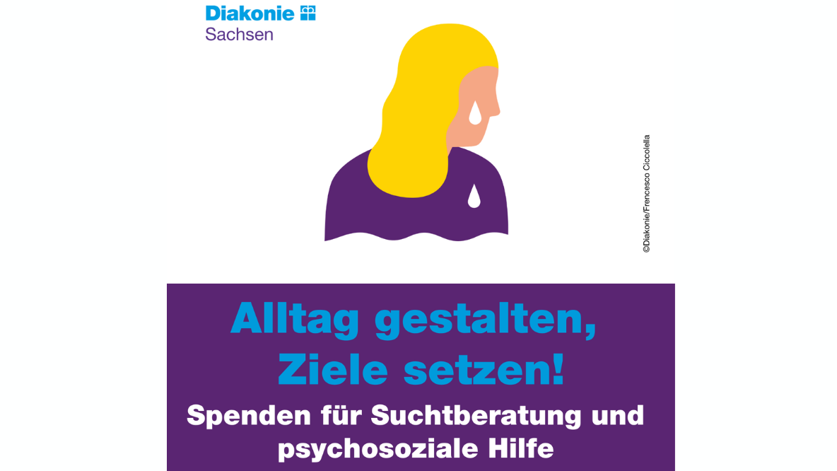 Grafik der Diakonie Sachsen zur Spendenkampagne. Oben ist eine stilisierte Illustration einer Person mit Tränen dargestellt. Darunter steht auf violettem Hintergrund der Slogan: „Alltag gestalten, Ziele setzen!“. Ergänzend: „Spenden für Suchtberatung und psychosoziale Hilfe“.